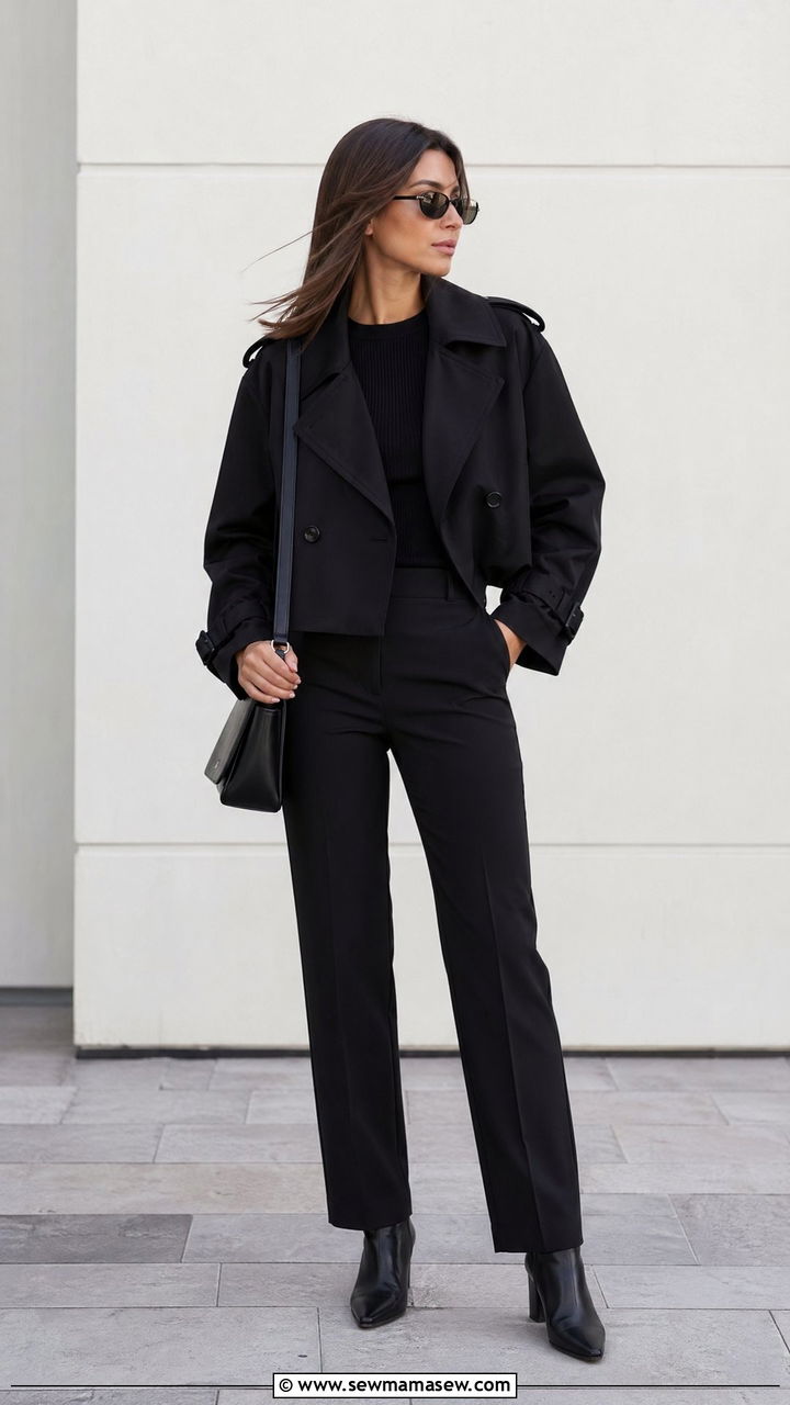 All Black Outfit With a Black Cropped Trench - 35 cute cropped trench outfits