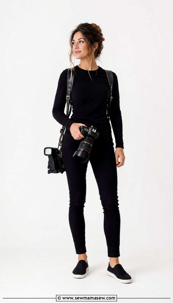 All Black Slim Fit Pants and Long Sleeve Crewneck Top - 30 Wedding photographer outfit ideas