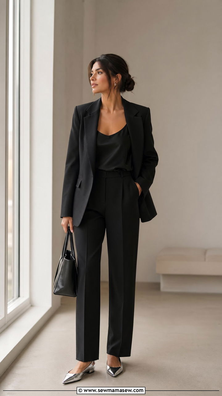 All Black Textured Monochrome with Straight Leg Trousers and Silver Flats - 35 workwear outfit ideas for women