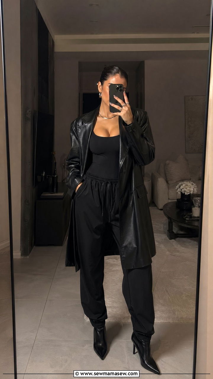All Black Track Pants With Leather Coat - 35 track pants outfit ideas