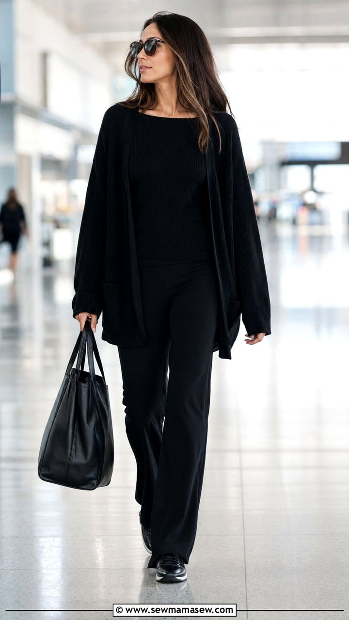 All Black Travel Outfit With Flare Pants - 30 Airport outfit ideas long haul flight