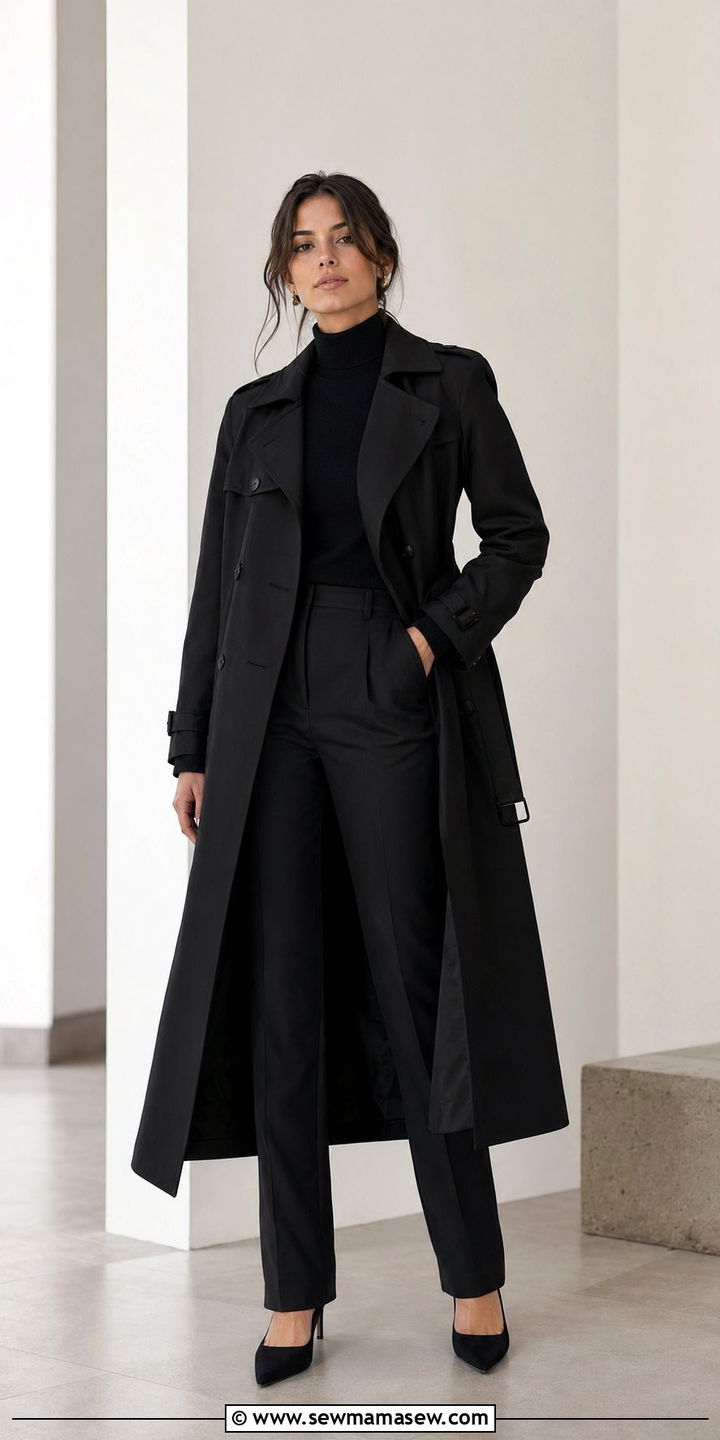 All Black Trench Coat Look with a Turtleneck and Tailored Trousers - 30 Black trench coat outfit ideas for spring