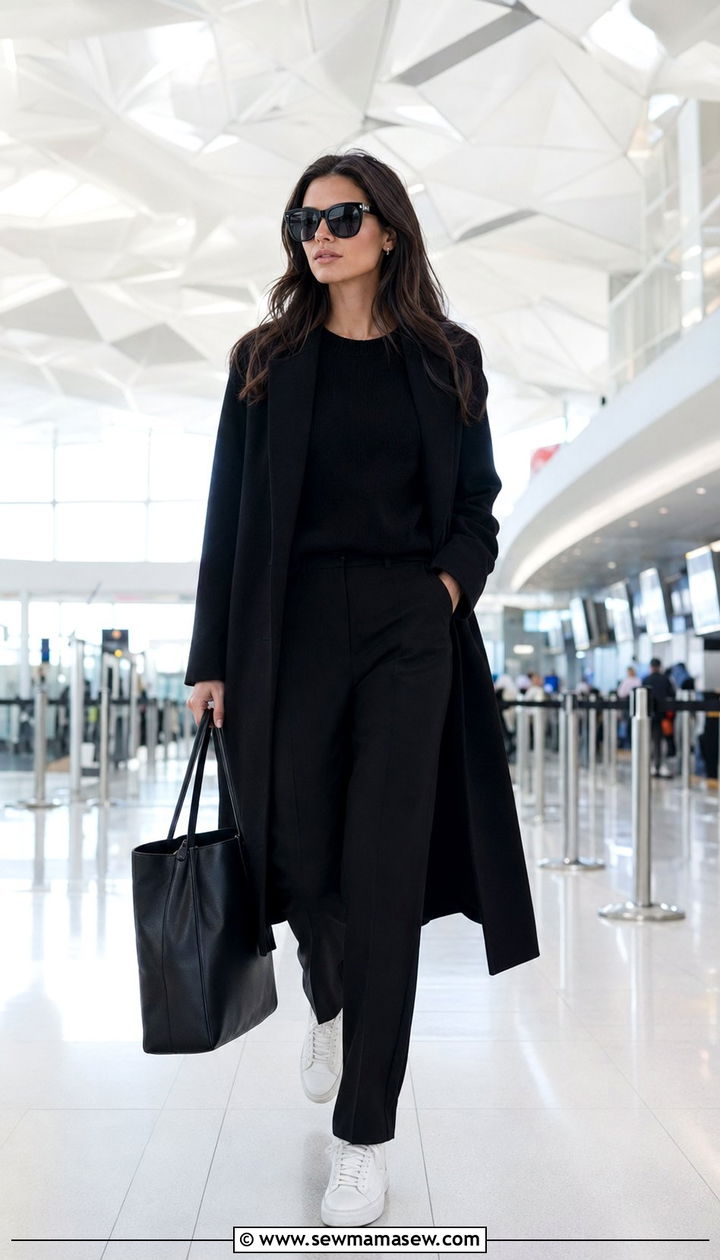 All Black Trousers and Coat Airport Outfit - 30 airport outfits aesthetic