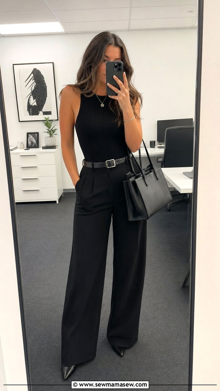 All Black Wide Leg Pants With Black Top And Heeled Boots - 30 Wide leg pants outfit ideas for work