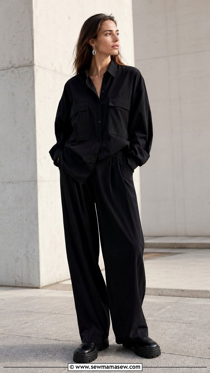 All Black Wide Leg Utility Set Outfit - 35 Scandinavian outfit ideas