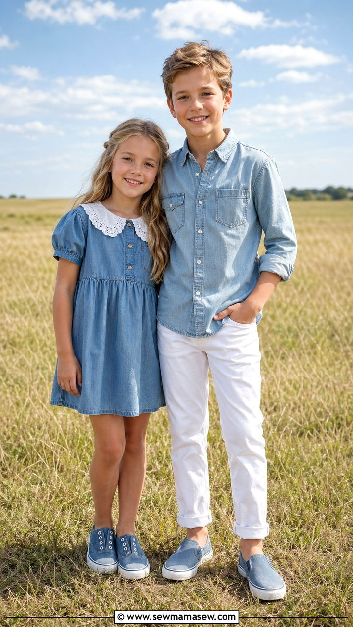All Denim Sibling Outfits with White Accents - 30 Sibling photoshoot outfit ideas