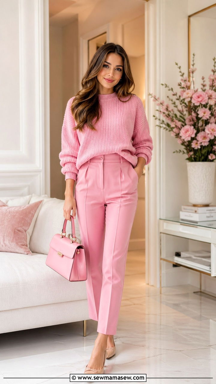 All Pink Sweater and Trousers Outfit - 40 All pink outfit ideas