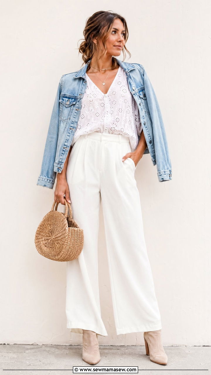 All White Ensemble with Denim Jacket and Neutral Boots - 35 cute music festival outfits