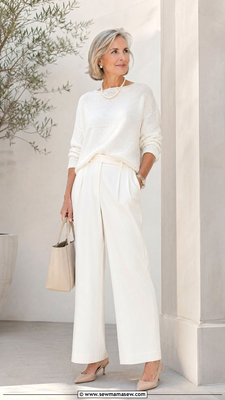 All White Ensemble with Textured Knit Top and Slingbacks - 35 What to wear in spring for women over 50