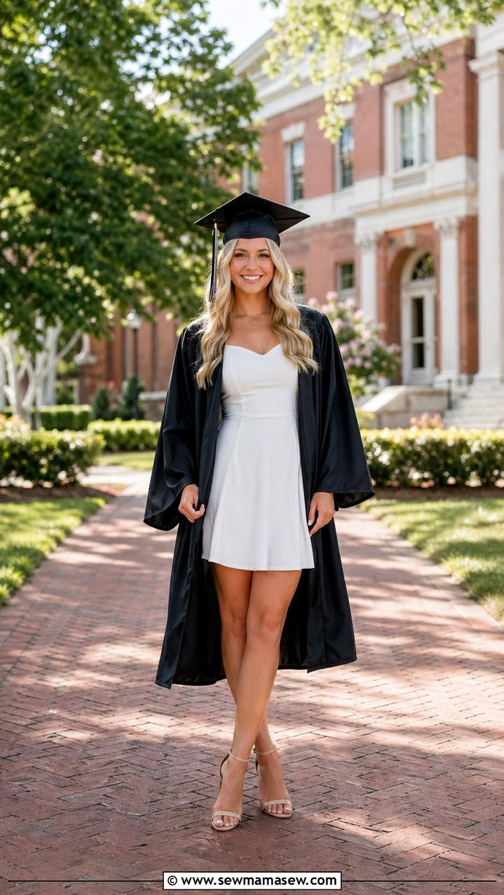 All White Graduation Dress with Heels for Cap and Gown - 30 Senior portrait outfit ideas 2026