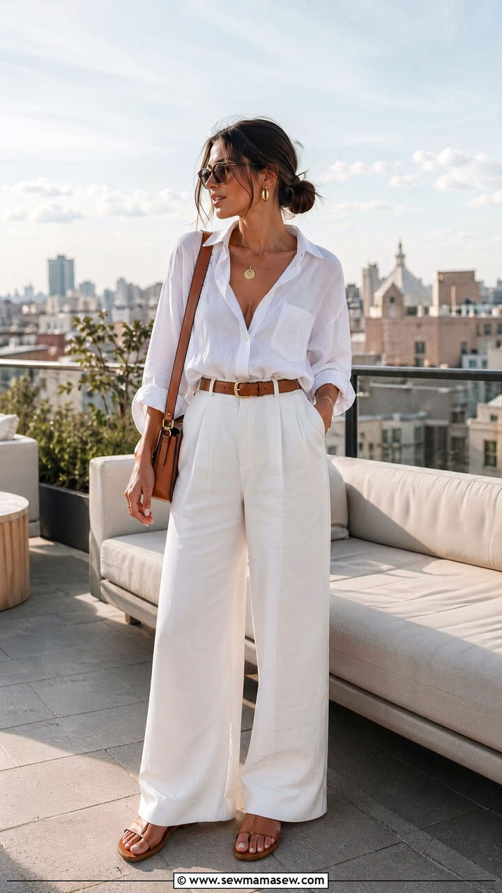All White Linen Button Down and Wide Leg Trousers - 35 Summer rooftop outfits