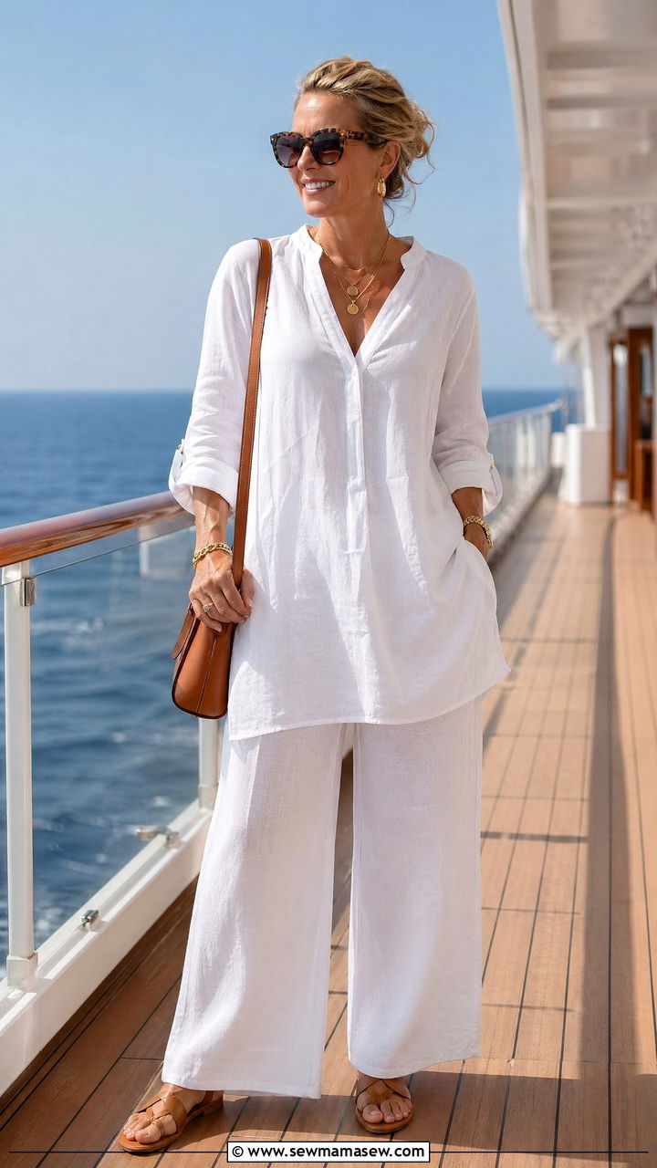 All White Linen Ensemble With Tan Accessories Cruise Outfit - 35 cruise outfits for women over 40