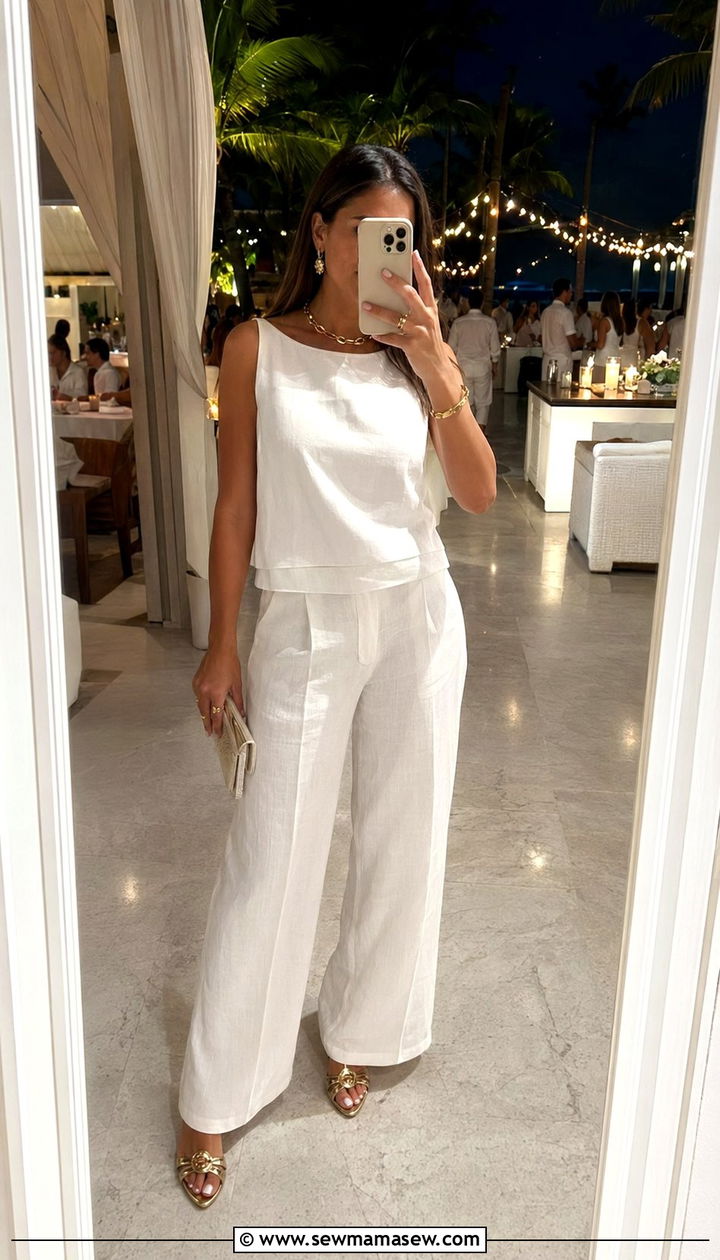 All White Linen Ensemble with Gold Accessories for White Party - 35 Punta Cana vacation outfit ideas