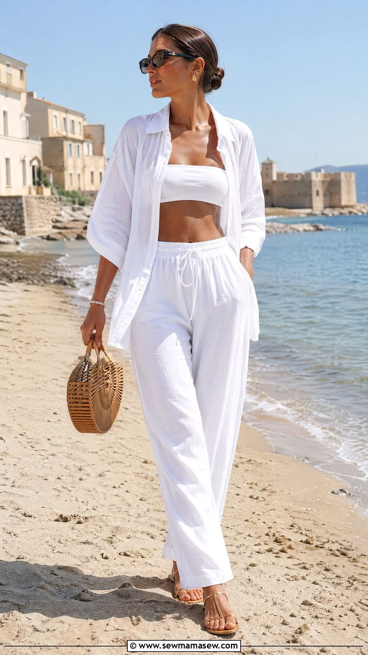 All White Linen Look Strappy Sandals Outfit - 35 South of France outfit ideas