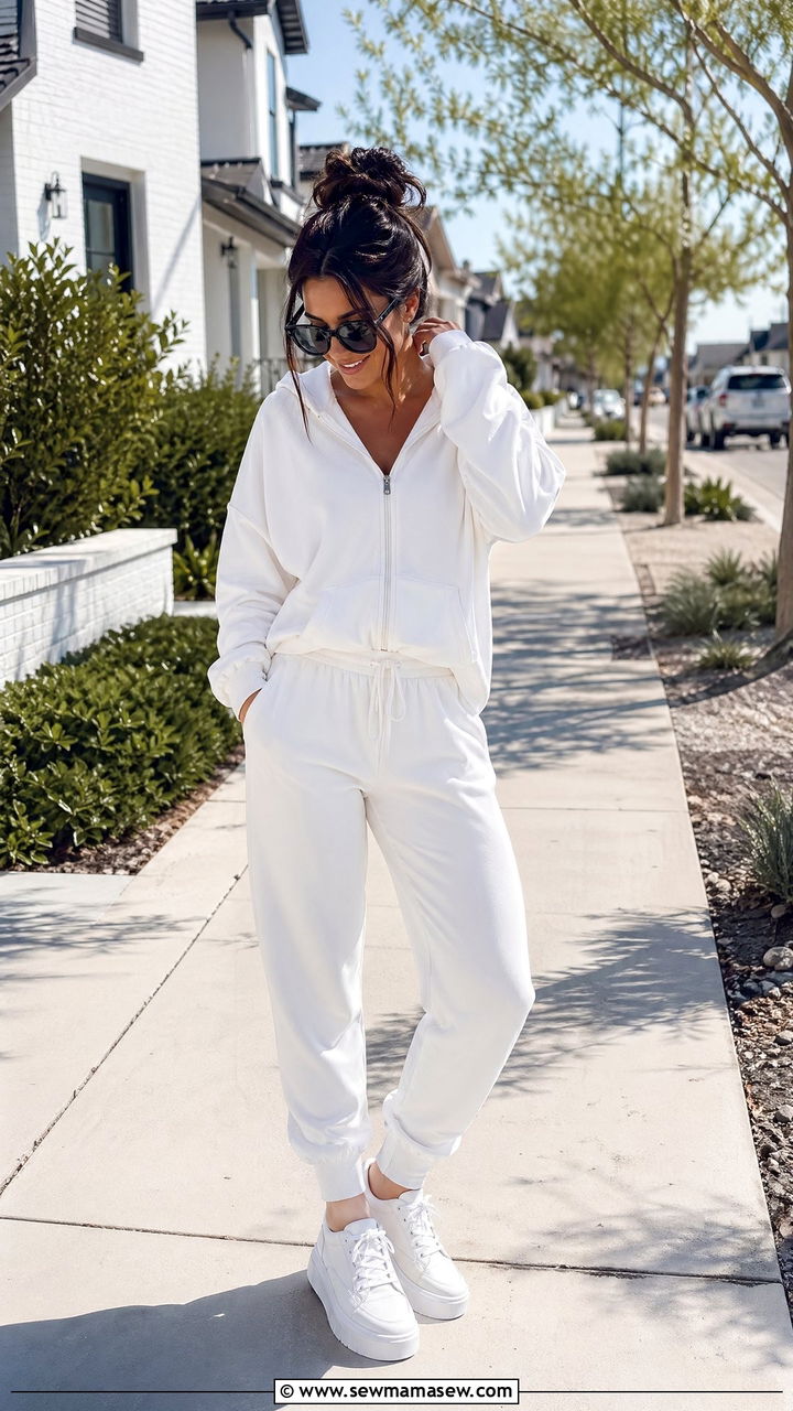 All White Lounge Set with Sneakers - 35 Spring outfits for stay at home moms