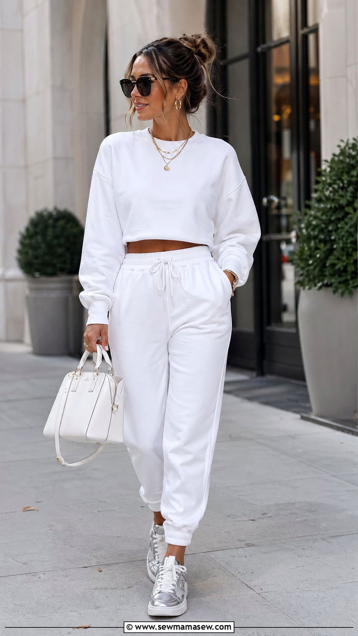 All White Matching Set with Metallic Sneakers Outfit - 35 sporty chic outfits for women