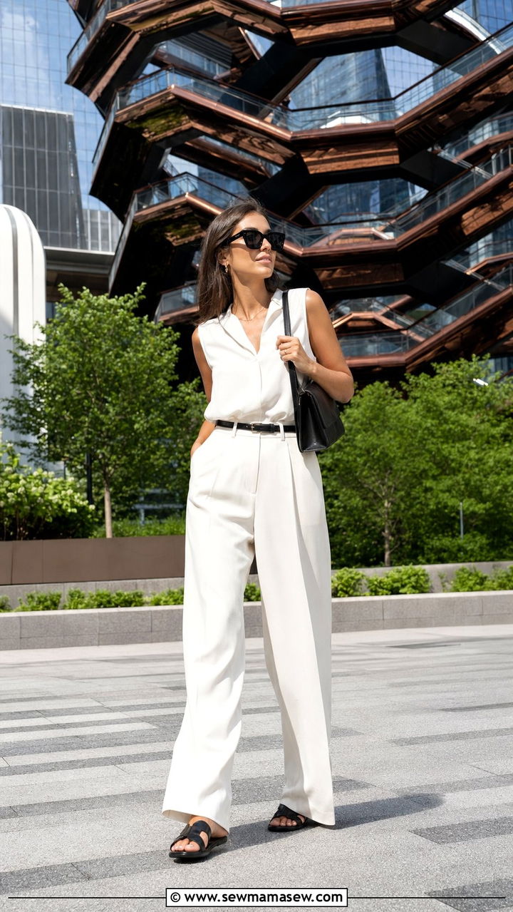 All White Outfit with Black Accessories - 35 New York summer outfit ideas