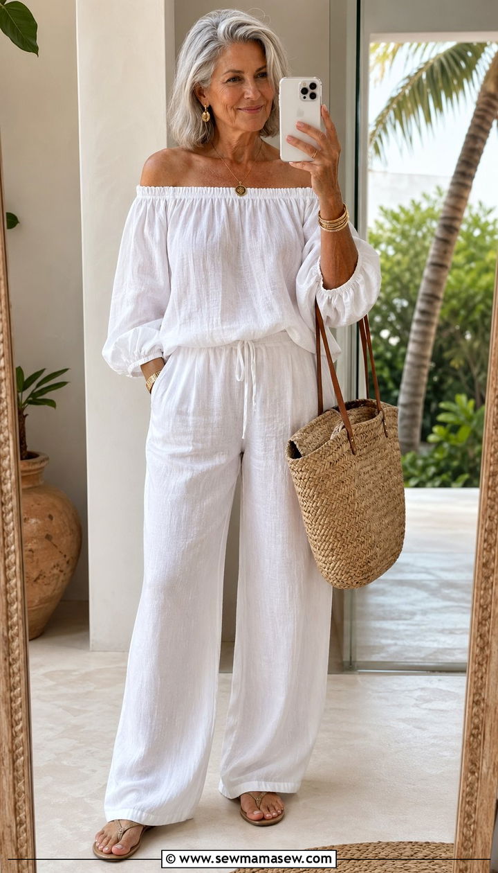 All White Relaxed Linen Set - 35 Outfit ideas for women over 75