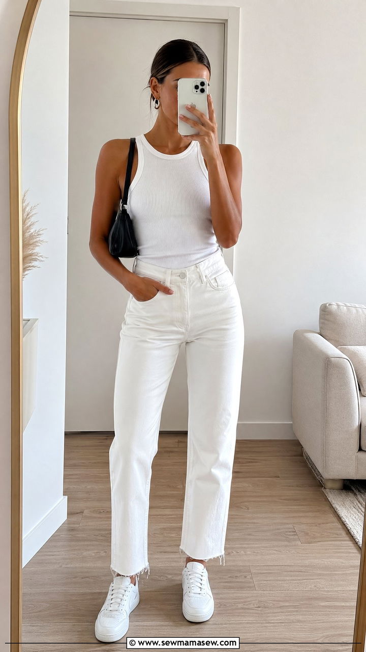 All White Ribbed Tank And High Rise Straight Leg Jeans - 35 Clean girl outfit ideas summer 2026