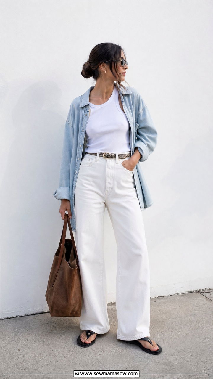 All White Summer Outfit with Denim Shirt - 35 Summer outfits for women in their 20s