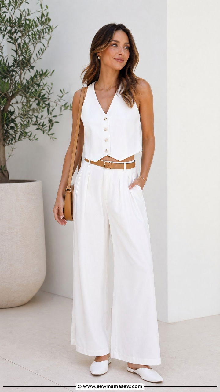 All White Vest and Wide Leg Trousers - 35 summer business casual outfit ideas