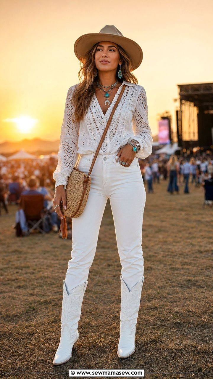 All White Western Outfit with White Cowboy Boots - 30 Western concert outfit ideas