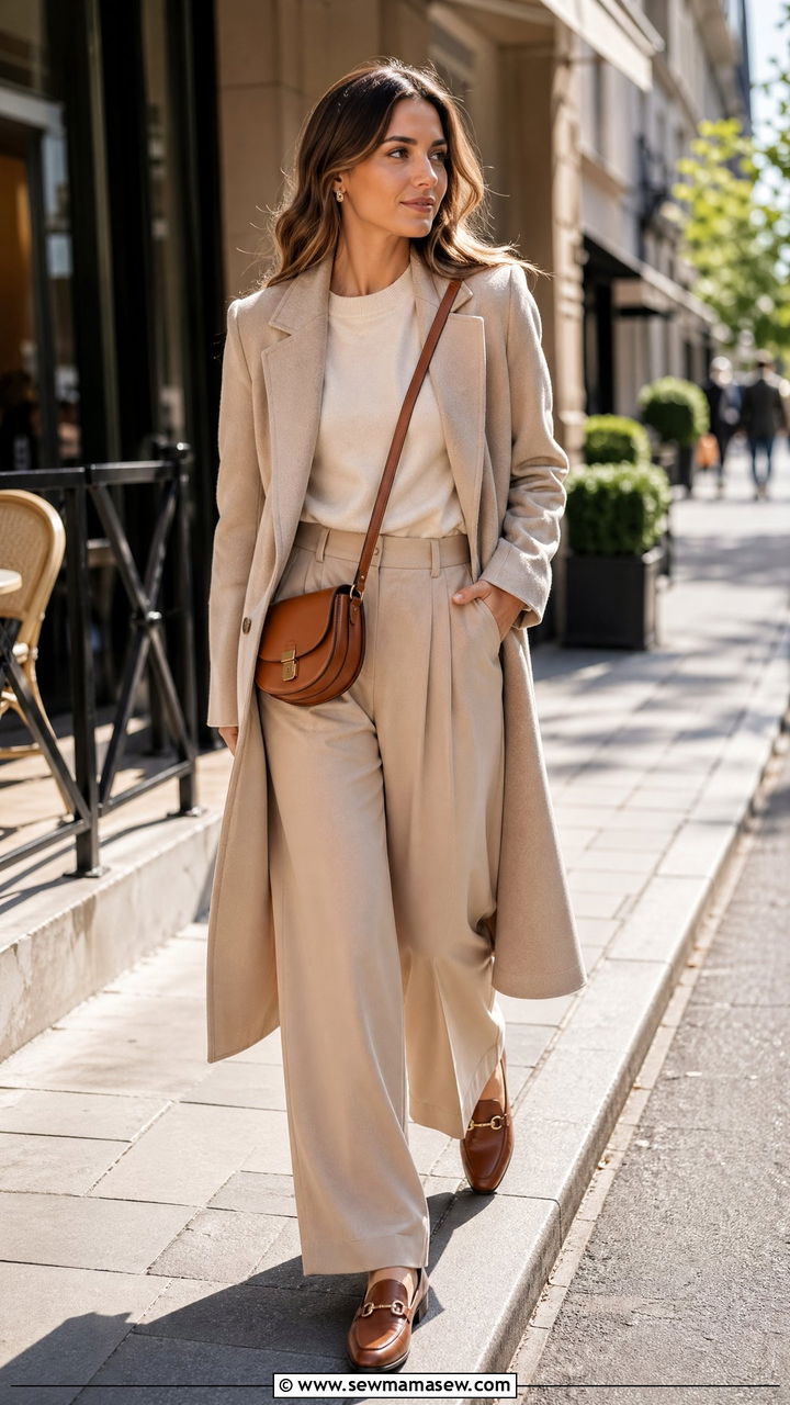 All beige ensemble with cognac crossbody bag - 35 Crossbody bag outfit ideas