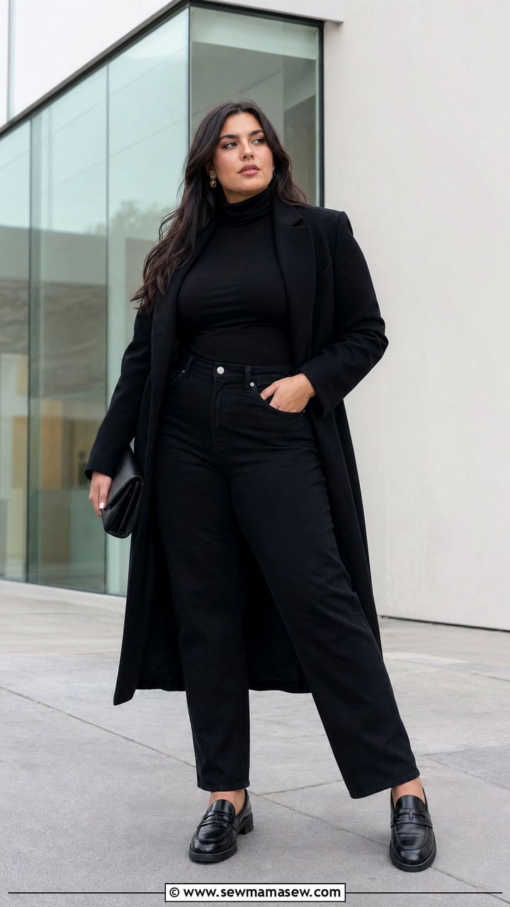 All black denim ensemble with a black turtleneck black jeans and black loafers - 30 Best jeans for plus size