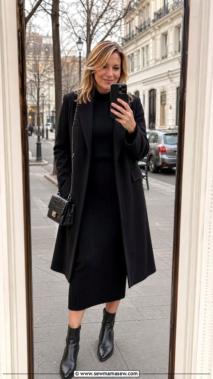 All black knit set with structured coat - 35 Classy outfit ideas for women over 40