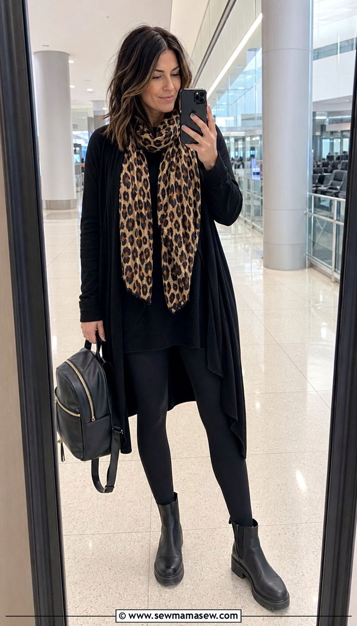 All black layers with a leopard print scarf - 30 Airport outfit ideas with a scarf