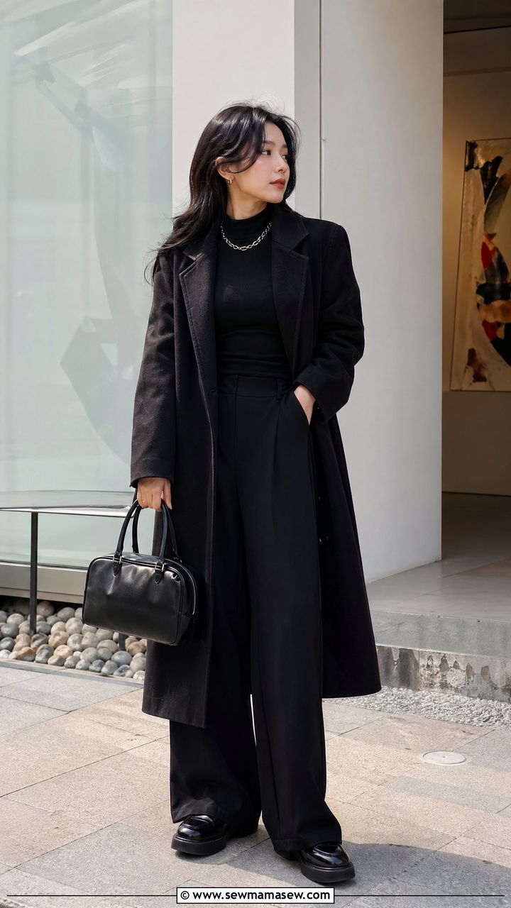 All black monochrome with wide leg trousers and platform loafers - 35 Seoul vacation outfit ideas