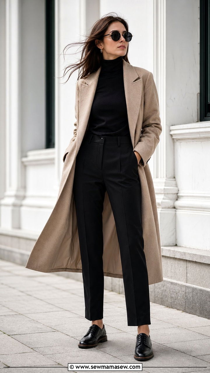 All black outfit with mac coat and tailored trousers - 30 windy day outfits inspo