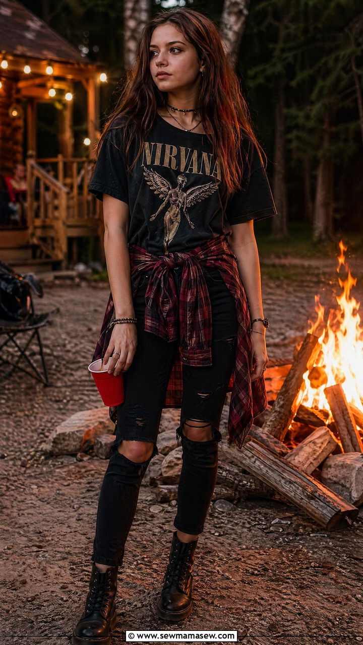All black ripped jeans with a band tee and a red flannel - 35 Spring outfits for teens