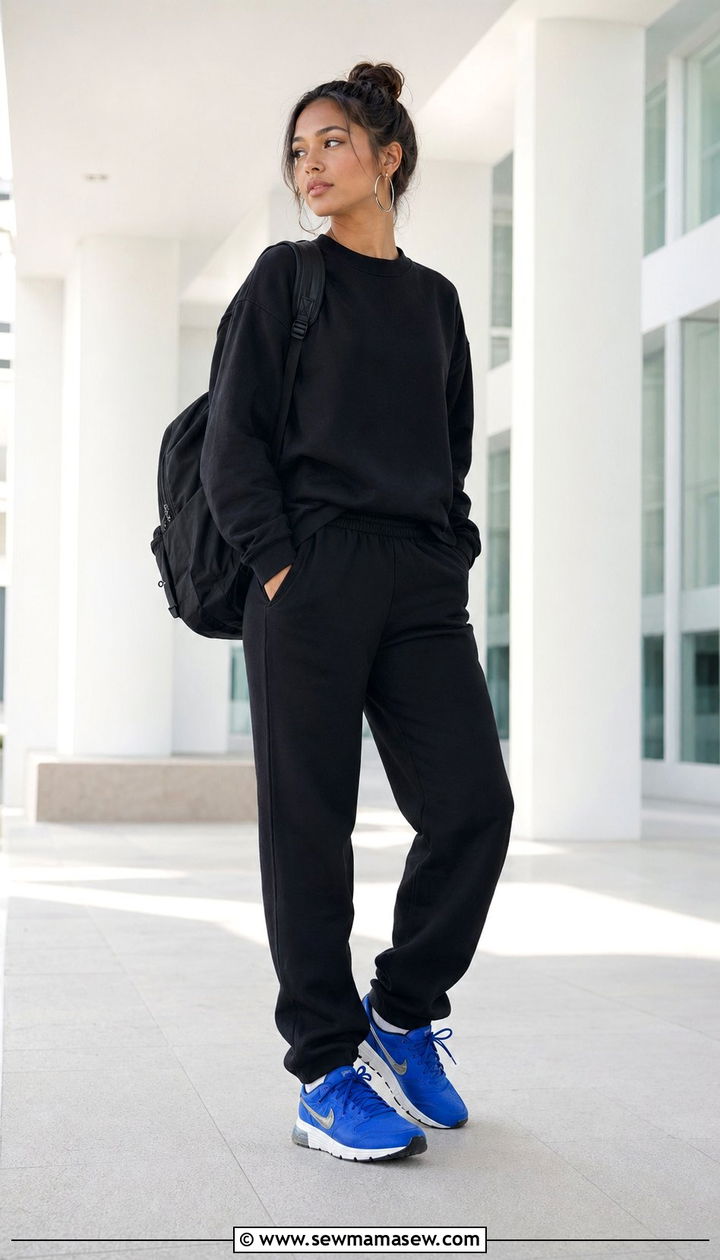 All black sweatsuit and cobalt blue sneakers - 30 Back to school outfit ideas for college 2026