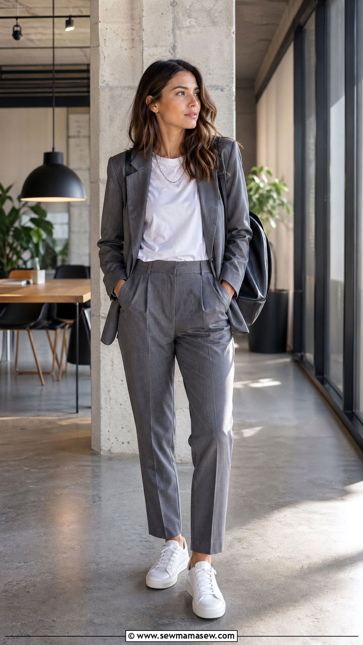 All gray tailored suit with a white T shirt and clean sneakers - 35 Consultant outfit ideas