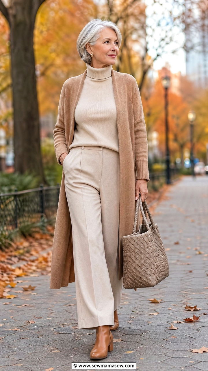 All neutral layered look with ankle boots outfit - 35 Classy outfit ideas for women over 60