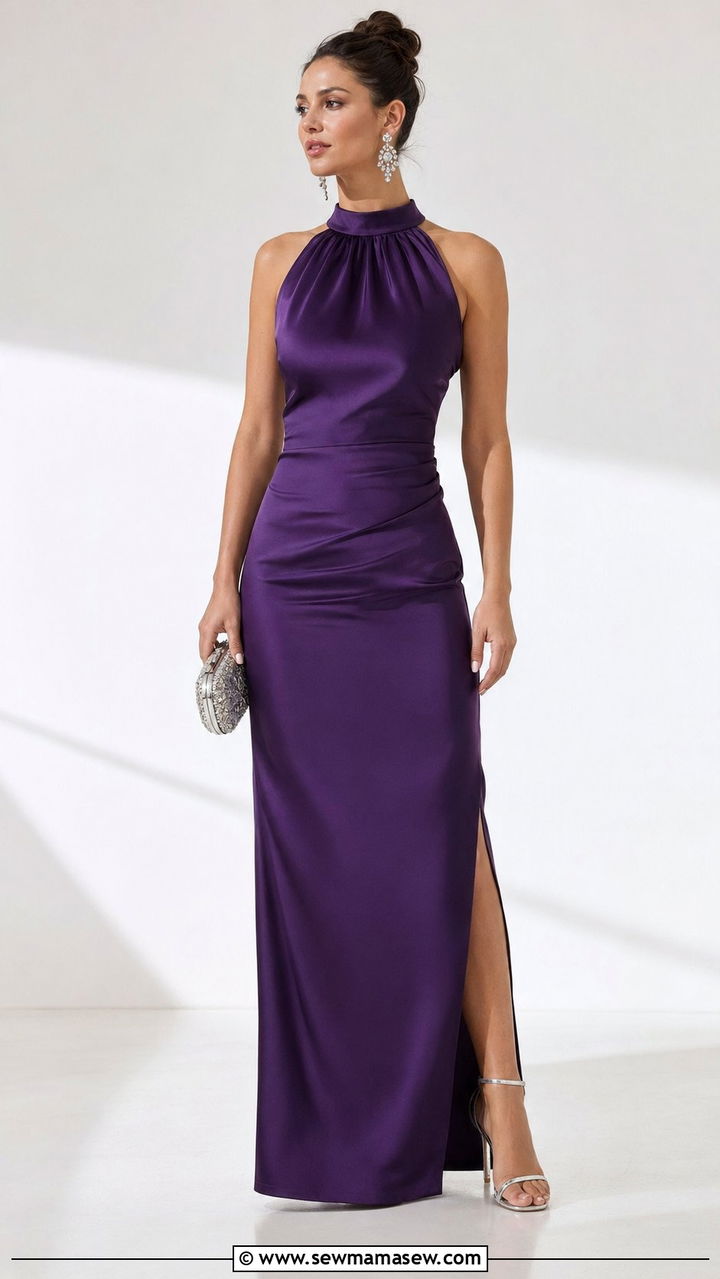 Amethyst Purple High Neck Column Evening Gown - 30 Wedding guest outfit ideas evening gown