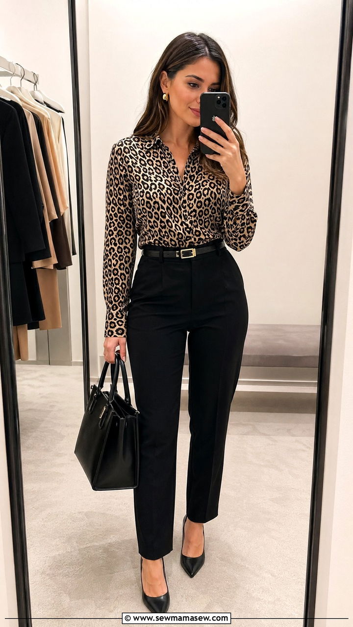 Animal Print Blouse with Solid Black Trousers - 35 cute business casual outfits