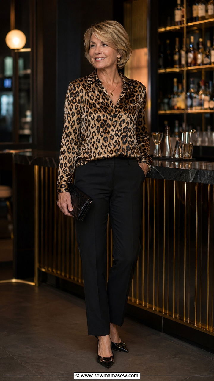 Animal Print Top With Black Trousers For Evening Out - 35 Travel outfits for women over 50