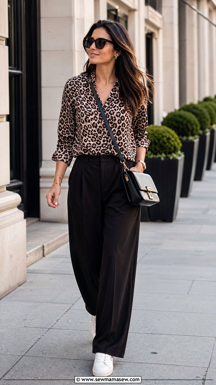 Animal Print Top with Neutral Pants - 35 Walking outfit ideas women