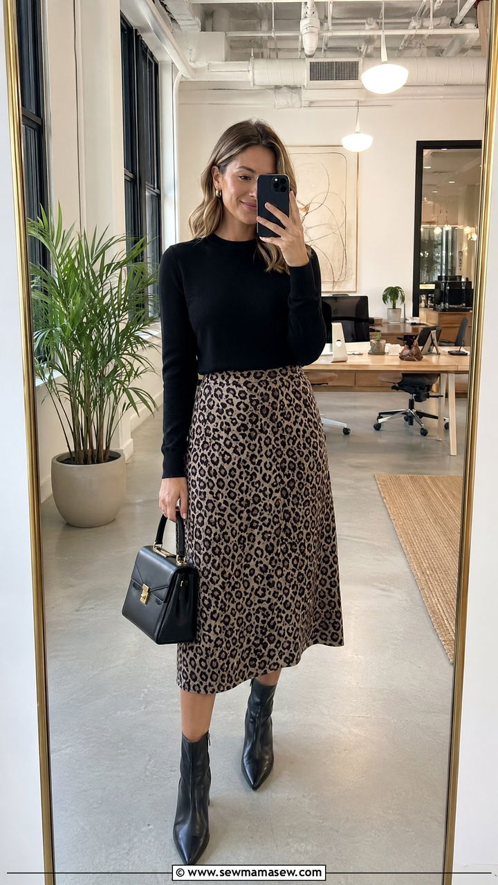 Animal print midi skirt and black top office outfit - 35 Corporate outfit ideas for women