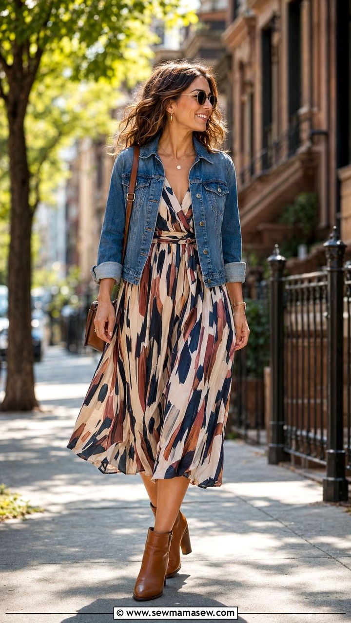 Ankle Boots with a Printed Dress - 30 Ankle boots outfit ideas with a dress