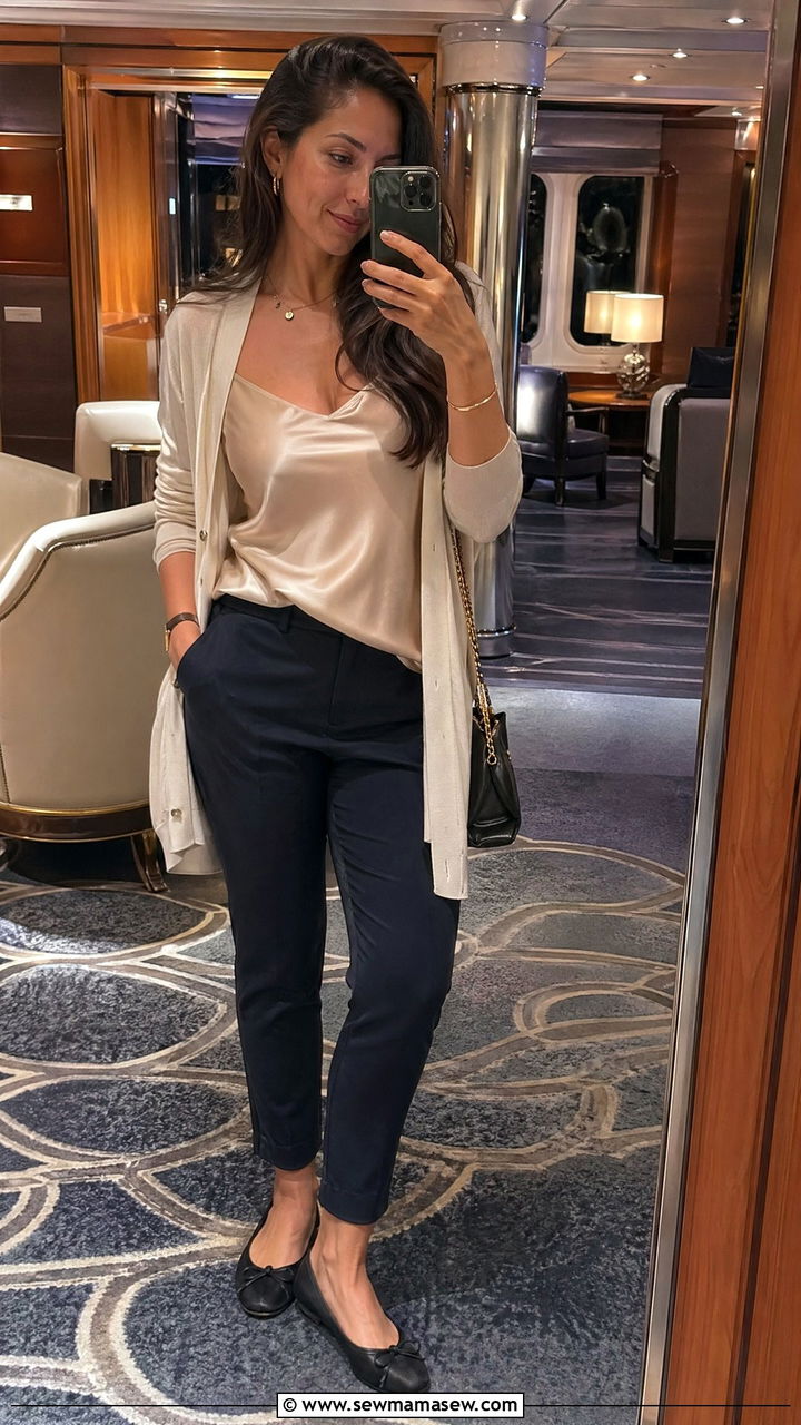 Ankle Pants With Silky Camisole And Cardigan - 35 Cruise outfit ideas