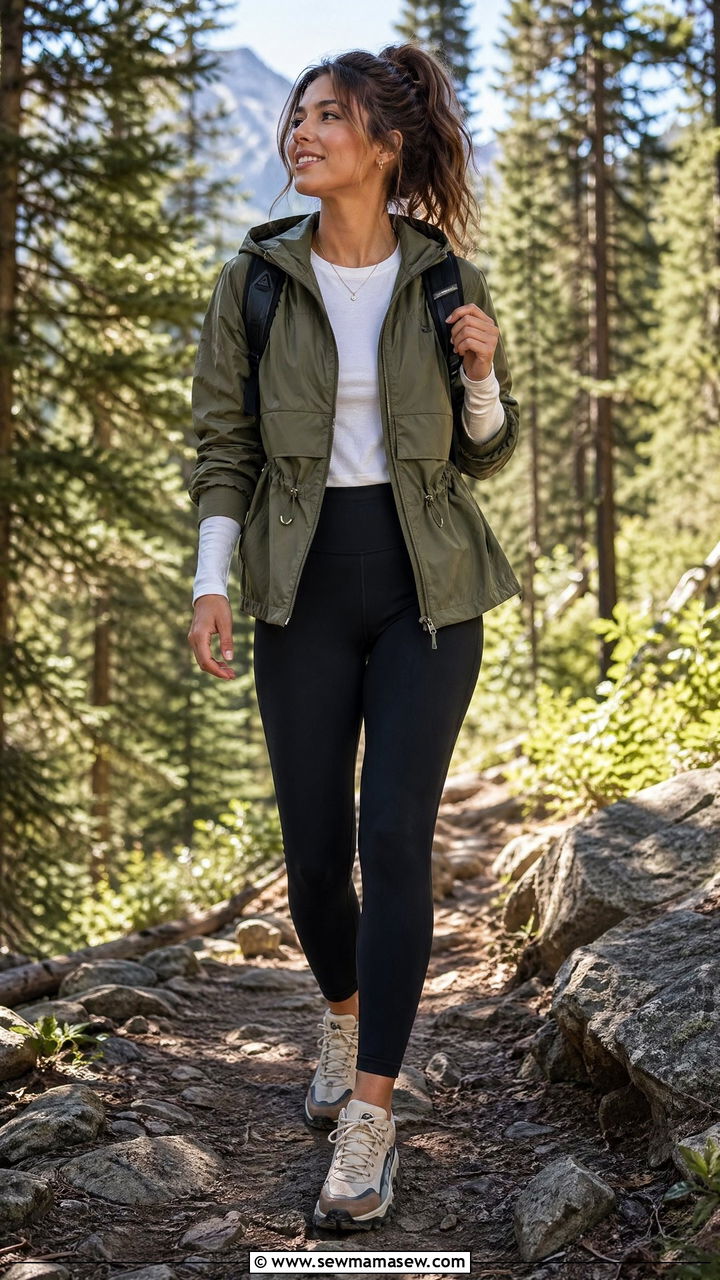 Anorak Jacket with Leggings and Trail Sneakers Outfit - 35 transitional sporty chic outfit ideas