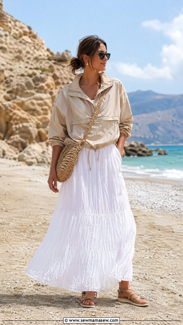 Anorak jacket and flowy maxi skirt outfit - 35 Sporty chic outfit ideas