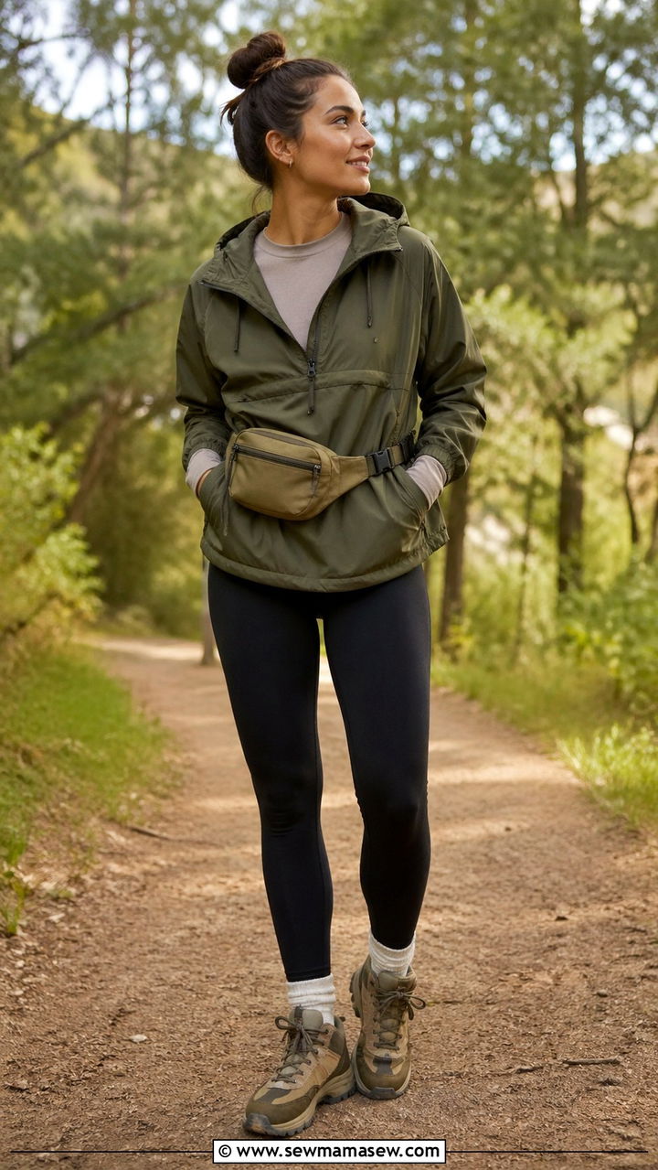 Anorak jacket with leggings and trail sneakers - 30 spring leggings outfit ideas