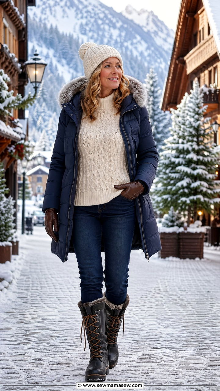 Apres Ski Knit Sweater With Faux Fur Coat And Boots - 35 Vacation outfit ideas for women over 40