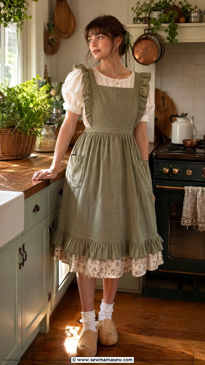 Apron Dress Over Puff Sleeve Tee With Ruffled Socks And Clogs - 35 Cottagecore outfit ideas