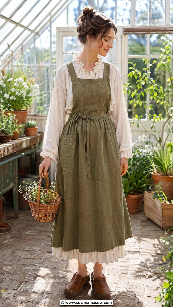 Apron Dress With Cotton Blouse And Clogs - 35 cottagecore outfits for women