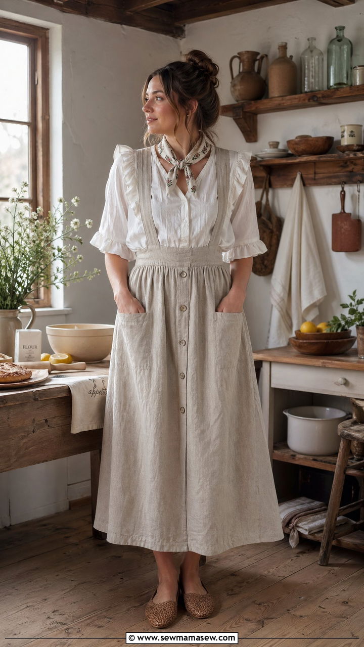 Apron Style Linen Skirt With Ruffled Blouse - 35 summer cottagecore outfit ideas